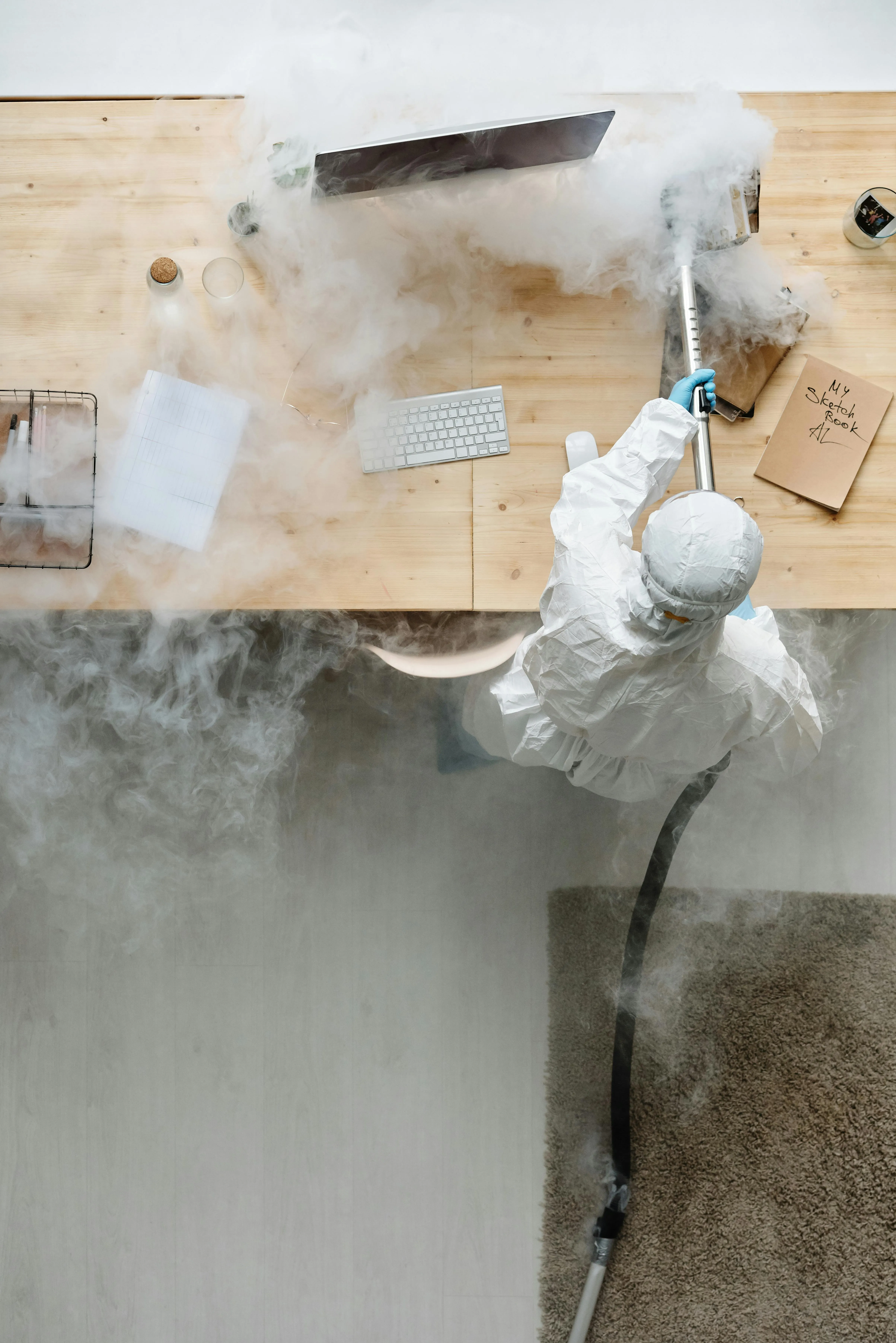 Deep sanitizing and steam cleaning of a workspace